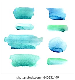 Set of watercolor hand drawn brush strokes in blue and green colors isolated on white background. Blank colored shapes, web buttons in vector.
