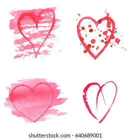 Set of watercolor hand drawn hearts on white background . Sketch style icons collection. Watercolor illustration