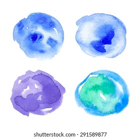 Set watercolor hand drawn paper texture colorful isolated round stains on white background. Wet brush painted drops vector abstract illustration. Design element for scrapbook, banner, card, template 