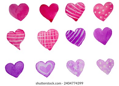 Set of watercolor hand drawn red and purple hearts isolated on white background. Heart watercolor for a Valentine's Day card or a romantic postcard.