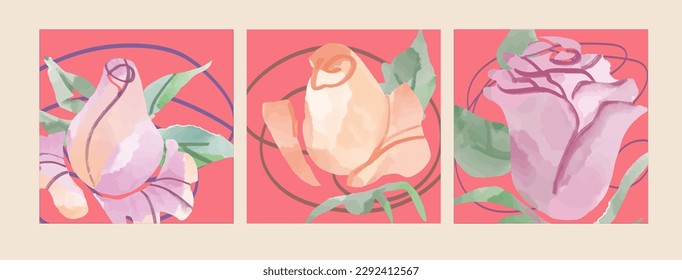 Set Watercolor hand drawn vector rose design .