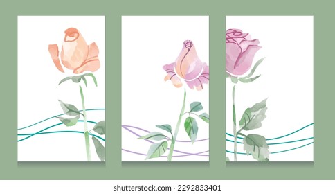 Establecer el diseño de rosa del vector de color de agua dibujado a mano.