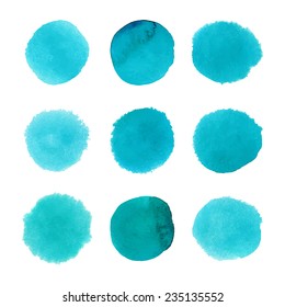 Set of watercolor hand painted dots. Realistic vector graphics. Hand drawn watercolor elements for design. Aquamarine abstract vector dots on the white background. Round frames. Vector illustration.