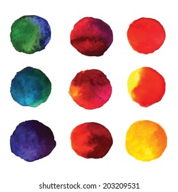 Set of watercolor hand painted gradient circles isolated on white. Wet watercolor elements in vibrant colors for design.