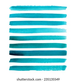 Set of watercolor hand painted stripes. Realistic vector graphics. Hand drawn watercolor elements for design. Aquamarine abstract vector strips on the white background. Vector illustration.