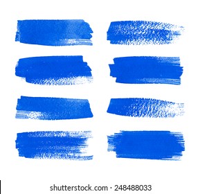 Set of watercolor hand painted stripes. Realistic vector graphics. Hand drawn watercolor elements for design. Blue abstract vector strips on the white background. Watercolor brush strokes.