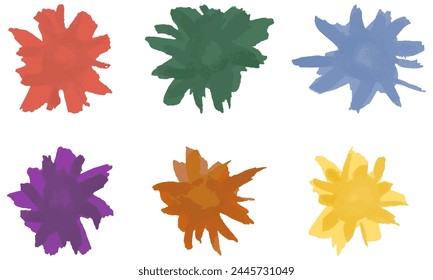 Set of watercolor hand-drawn colorful spots in the shape of flowers, snowflakes or stars. Collection of bright vector design elements isolated on transparent background