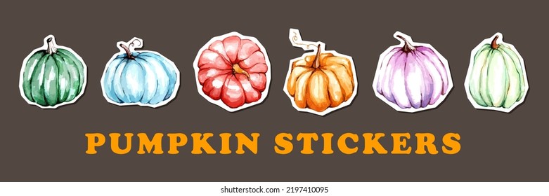 Set of watercolor handmade pumpkin stickers. Autumn or halloween and harvest festival design elements for posters, invitations, covers, banners, placards and brochures. Vector thanksgiving 
