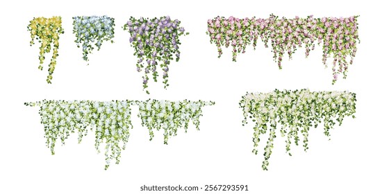 Set of watercolor hanging vines with flowers. Watercolor floral creeper hanging ivy plant vector elements, suitable decoration for background, landscape, architecture, or artwork.