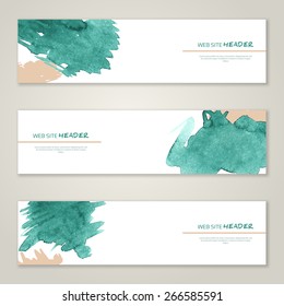 Set of watercolor headers for website. Paint splash. Vector illustration. Abstract backgrounds and banners. Beige and turquoise colors.
