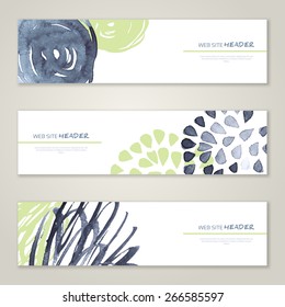 Set Of Watercolor Headers For Website. Paint Splash. Vector Illustration. Abstract Backgrounds And Banners. Gray And Pistachio Colors