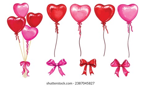 A set of watercolor Heart shape balloons vector. Red pink air balloons. Festive decoration element for Valentine's Day and Romantic designs