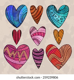 Set of watercolor hearts with hand drow graphic patterns on them. Vector illustration. 