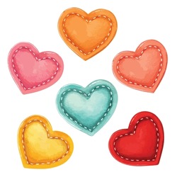 A Set Of Watercolor Hearts Made Of Fabric With Stitches In Different Colors, Heart Shape Decoration For Romantic And Valentine Concepts