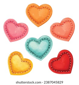 A set of watercolor Hearts made of fabric with stitches in different colors, Heart shape decoration for romantic and valentine concepts