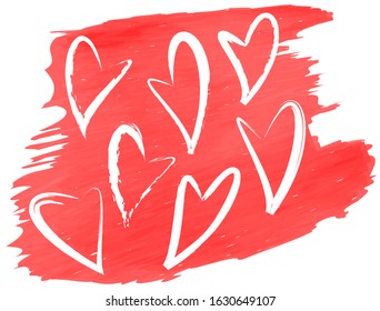 Set of watercolor hearts on red brush stroke. Unusual romantic card.  Valentine's Day Symbol. EPS10 vector illustration
