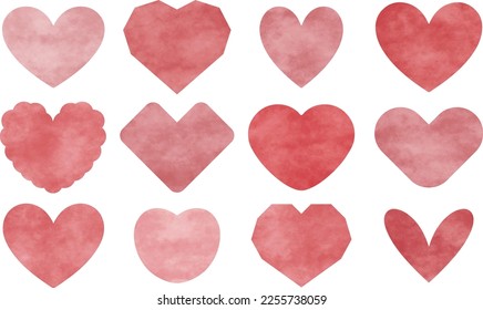 Set of watercolor hearts pink red