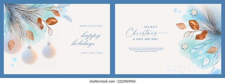 Set of watercolor holiday banner. Christmas and New Year greeting card. Realistic Christmas tree branch and golden leaves. Watercolor hand painted spots and blots
