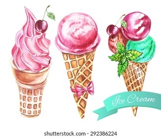 Set of watercolor ice cream cones, vector Illustration