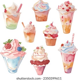 Set of watercolor ice cream in a glass. Hand drawn vector illustration.