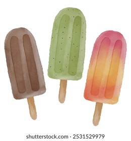 Set of watercolor ice cream isolated on white background. Hand drawn watercolor illustration.