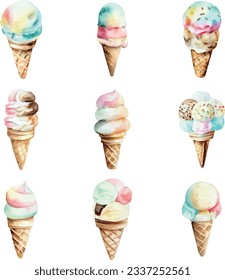 Set of watercolor ice creams in waffle cones isolated on white background