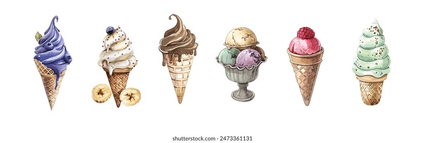 Set of watercolor ice creams in waffle cones isolated on white background. Design great for your compositions or decorate with your artwork.