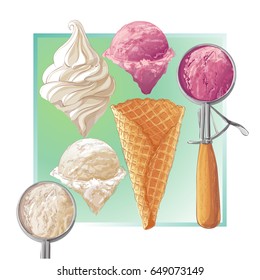 Set of watercolor ice creams in waffle cones with spoon. Vector illustration. Isolated objects on a white background