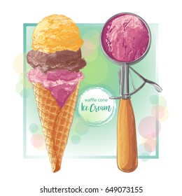 Set of watercolor ice creams in waffle cones with spoon. Vector illustration. Isolated objects on a white background