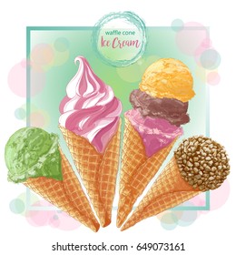 Set of watercolor ice creams in waffle cones. Vector illustration. Isolated objects on a white background