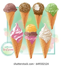 Set of watercolor ice creams in waffle cones. Vector illustration. Isolated objects on a white background