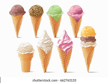 Set of watercolor ice creams in waffle cones. Vector illustration. Isolated objects on a white background