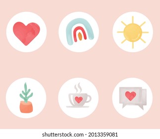 Set of watercolor icons. Cute Instagram highlights. Heart, rainbow, cup of coffee, flower , sun, messages ,vector, illustration.
