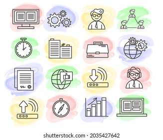 Set of watercolor icons on IT, business, finance, stock exchange topic. Simple and creative.