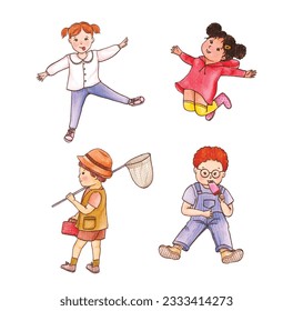 Set of Watercolor illustration of cute little girls and boys