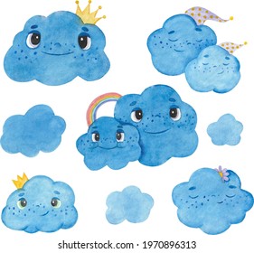 Set of watercolor illustrations with cartoon clouds