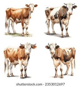 Set of watercolor illustrations of cows. Isolated on a white background.