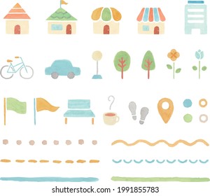 A set of watercolor illustrations of house and store icons for use on maps.
There are buildings, buildings, roads (lines), bicycles, cars, trees, flowers, etc.