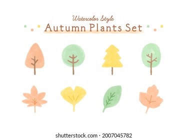 A set of watercolor illustrations of plants in autumn colors. There are leaves and trees such as maple and ginkgo.