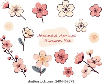 set of watercolor illustrations of pretty plum blossoms