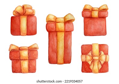 Set of watercolor illustrations of red gift boxes. Christmas box with yellow and gold bow. Hand drawn New Year's gifts. Isolated vector illustration.