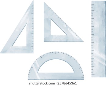 Set of watercolor illustrations of rulers and protractors