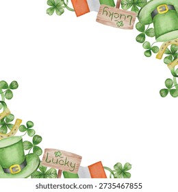 Set of Watercolor Illustrations for St. Patrick's Day. Hand drawn isolated clipart with a leprechaun hat, clovers, golden coins, Irish Flag, green beer and a pot of gold. Talismans for good luck