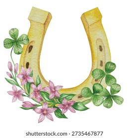 Set of Watercolor Illustrations for St. Patrick's Day. Hand drawn isolated clipart with a leprechaun hat, clovers, golden coins, Irish Flag, green beer and a pot of gold. Talismans for good luck