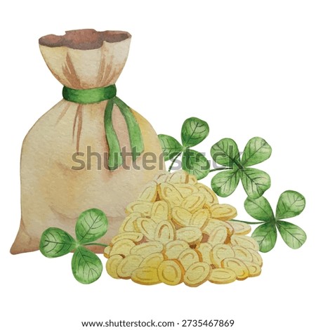 Set of Watercolor Illustrations for St. Patrick's Day. Hand drawn isolated clipart with a leprechaun hat, clovers, golden coins, Irish Flag, green beer and a pot of gold. Talismans for good luck