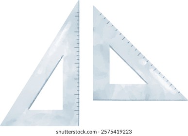 Set of watercolor illustrations of a triangular ruler