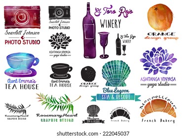 Set of watercolor and ink advertising labels with clip art objects, including wine bottle and glass, photo camera, orange, seashell, lotus flower, teacup and croissant 