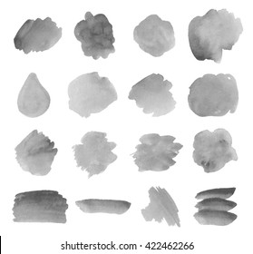 Set Watercolor Ink Grey Vector Isolated Spots On White Background. Abstract Shape Paper Texture Stylized Dab Elements For Design, Web, Icon. Water Color Black Drawing Smudge Oil Illustration.