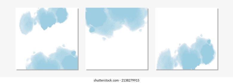Set of watercolor or ink stains background. Abstract blue paint shapes. Isolated texture on white. Modern minimalist art. Design for party invitation or poster.
