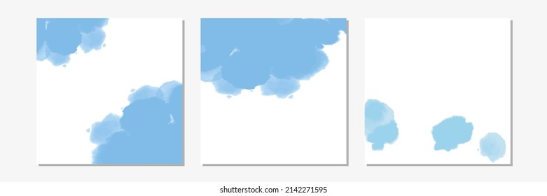 Set of watercolor or ink stains background. Abstract blue paint shapes. Isolated texture on white. Modern minimalist art. Design for party invitation or poster.